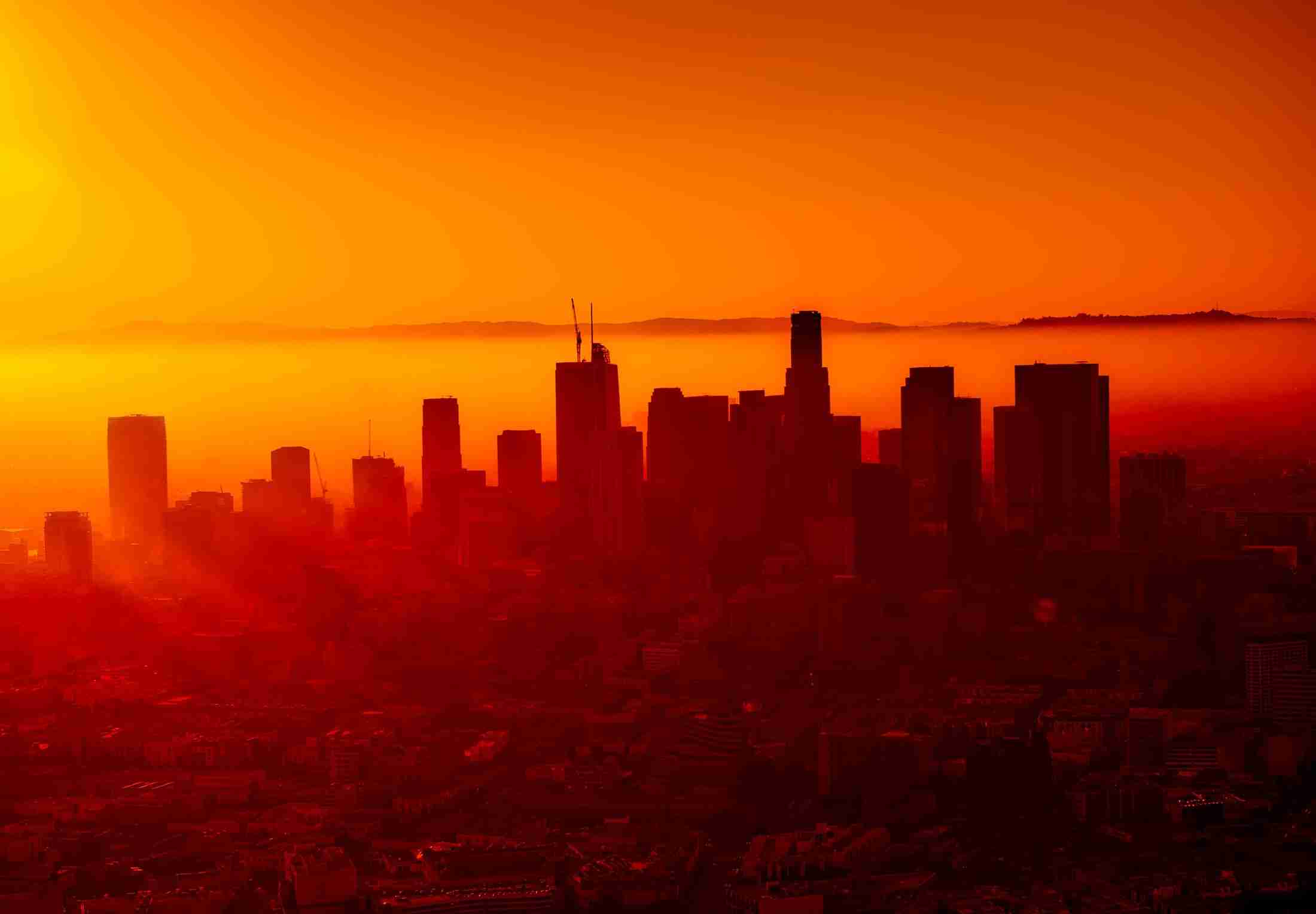city skyline in red sunset