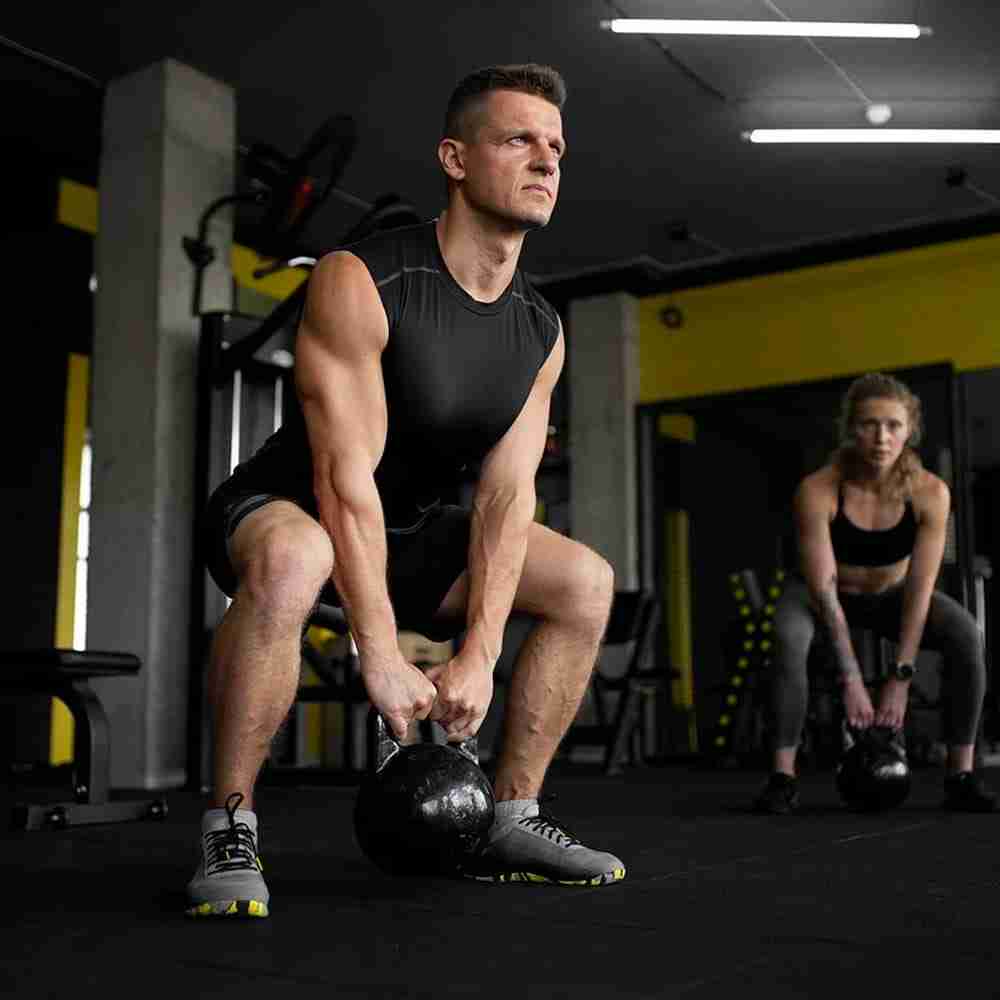 athletes lifting kettlebells in gym