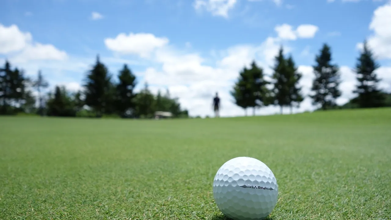 golf ball on a fairway with distant trees